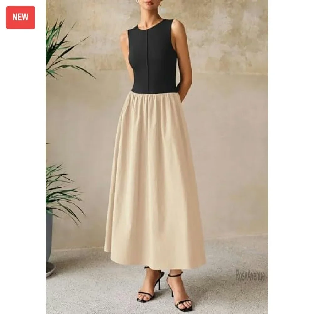 Sleeveless Maxi Dress Patchwork Knit Flowy Long Casual Summer